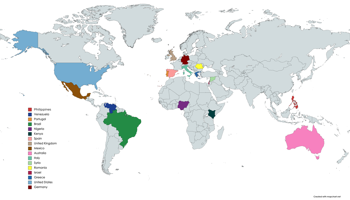 World map highlighted with participants countries