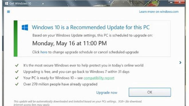 Windows 10 upgrade Pop-up