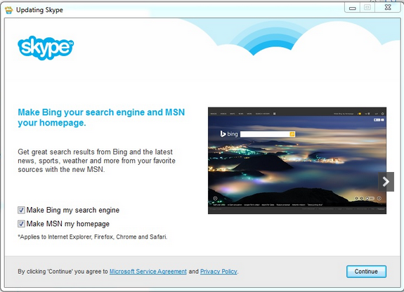 skype installation screen with Bing pre-populated acceptance